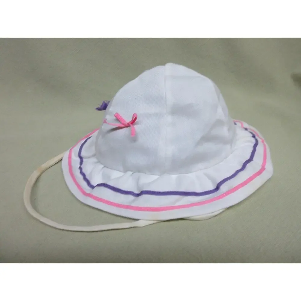 Vintage Beach Baby Bucket Retro Sun Hat- White w/ Pink & Purple Ribbons & Bows